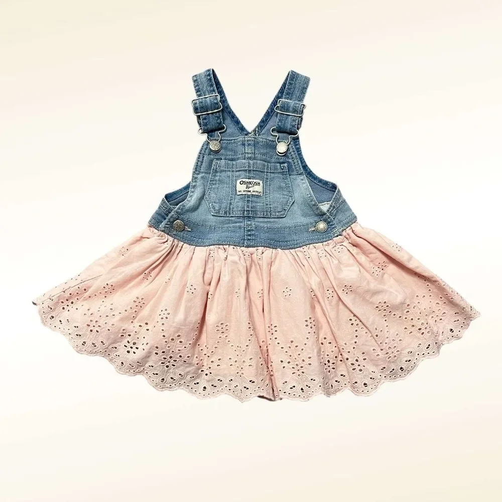 OshKosh B'gosh Denim and Eyelet Overall Dress Size 12 Months Pink
